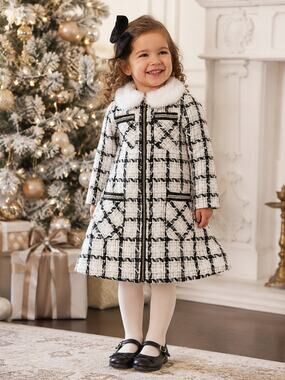 Blueberi Boulevard Plaid Metallic Faux Fur Collar Coat 3T Holiday